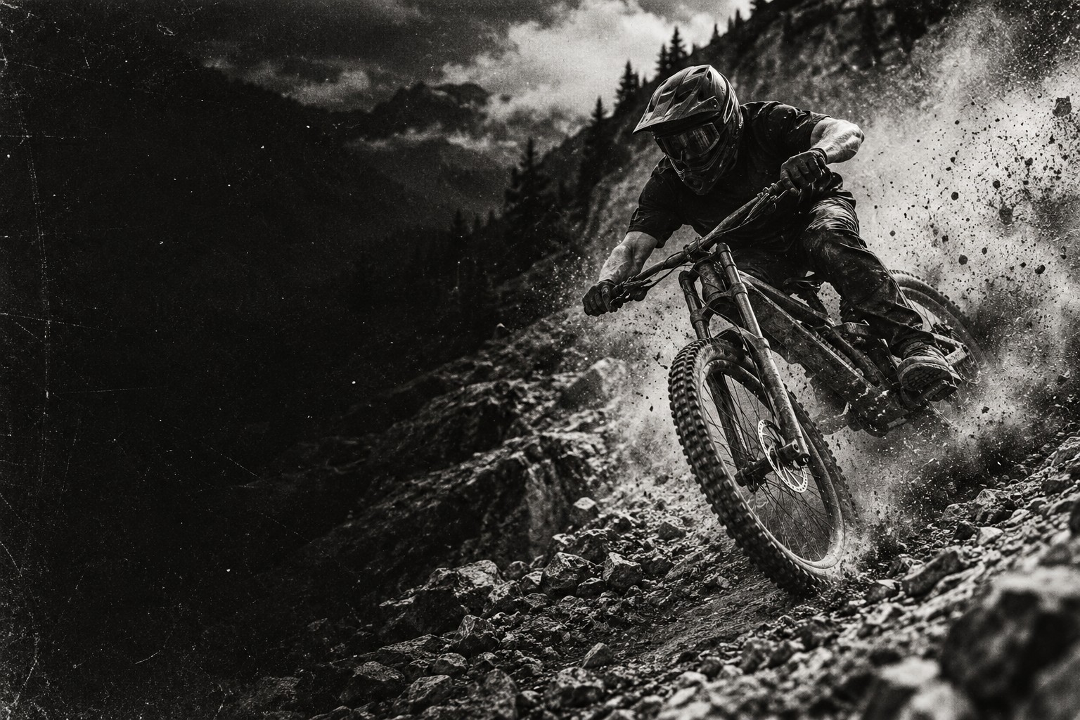 A downhill mountain biker carving a dusty, rocky trail